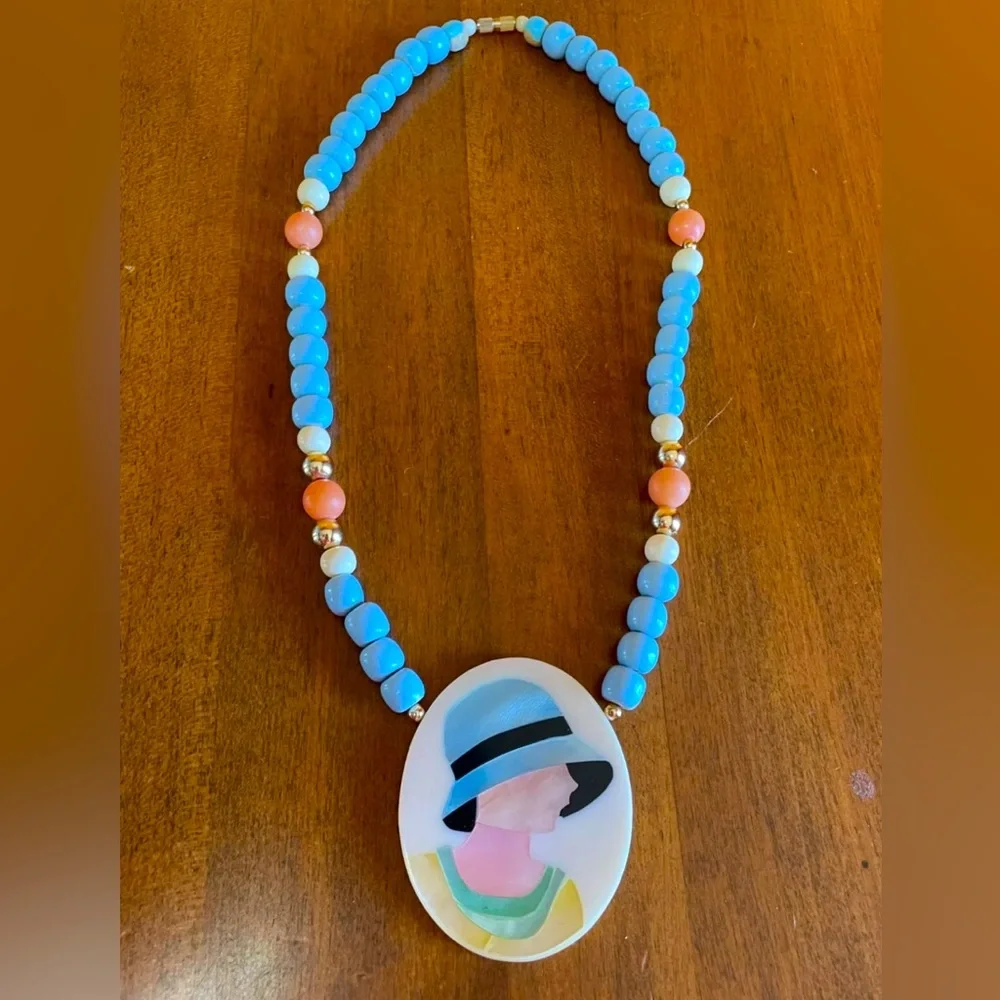 Vintage Karla Jordan or Lee Sands Mother of Pearl Inlay Necklace 1920s Flapper